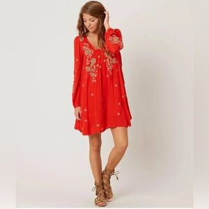 Free People Red Embroidered Sweet Tennessee Dress XS Bohemian Artsy